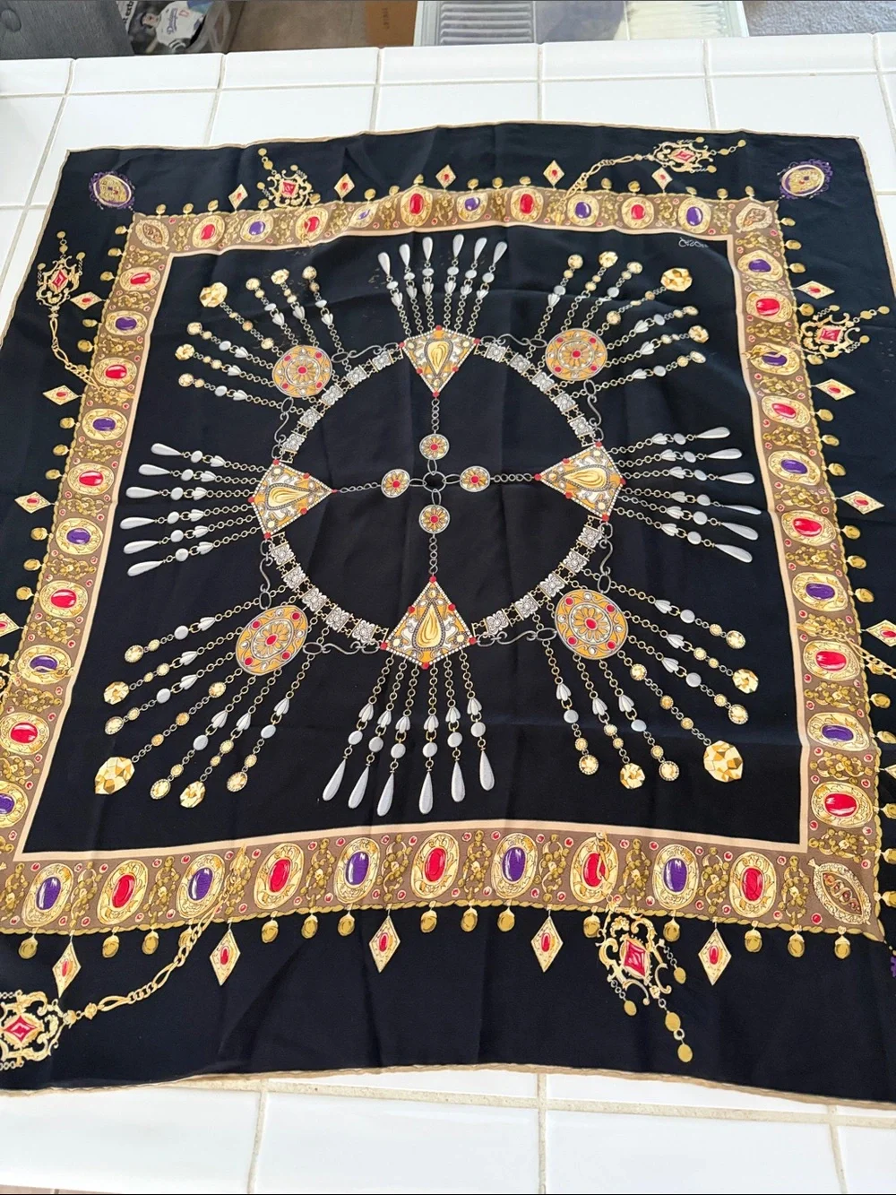 80s Trompe L'Oeil Jewel Status Print Vintage Silk Square Scarf Headscarf CASCA